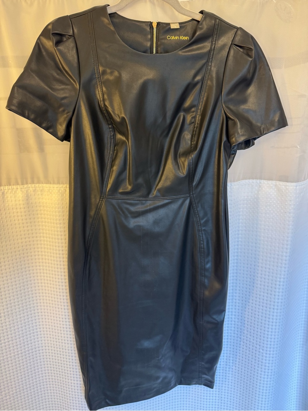 Calvin Klein Black Faux Leather Short-Sleeve Sheath Dress